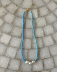 Dual Tone Light Blue Beaded Necklace with Pearl