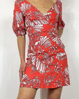 Kookai Red Print Cotton Printed Puff Sleeve Mini Dress