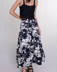 Maje Floral Cotton Tiered Maxi Skirt in Navy & White