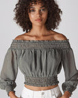 Whistles Gingham Bardot Off the Shoulder Top | Black & White