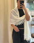 Ecru Cotton Striped Scarf with Tassel Trim