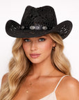 Western Cowboy Straw Hat with Hardware Buckle Band | Black
