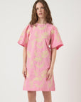 Yas Short Sleeve Embroidered Cotton Dress | Pink