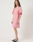 Yas Short Sleeve Embroidered Cotton Dress | Pink