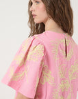 Yas Short Sleeve Embroidered Cotton Dress | Pink